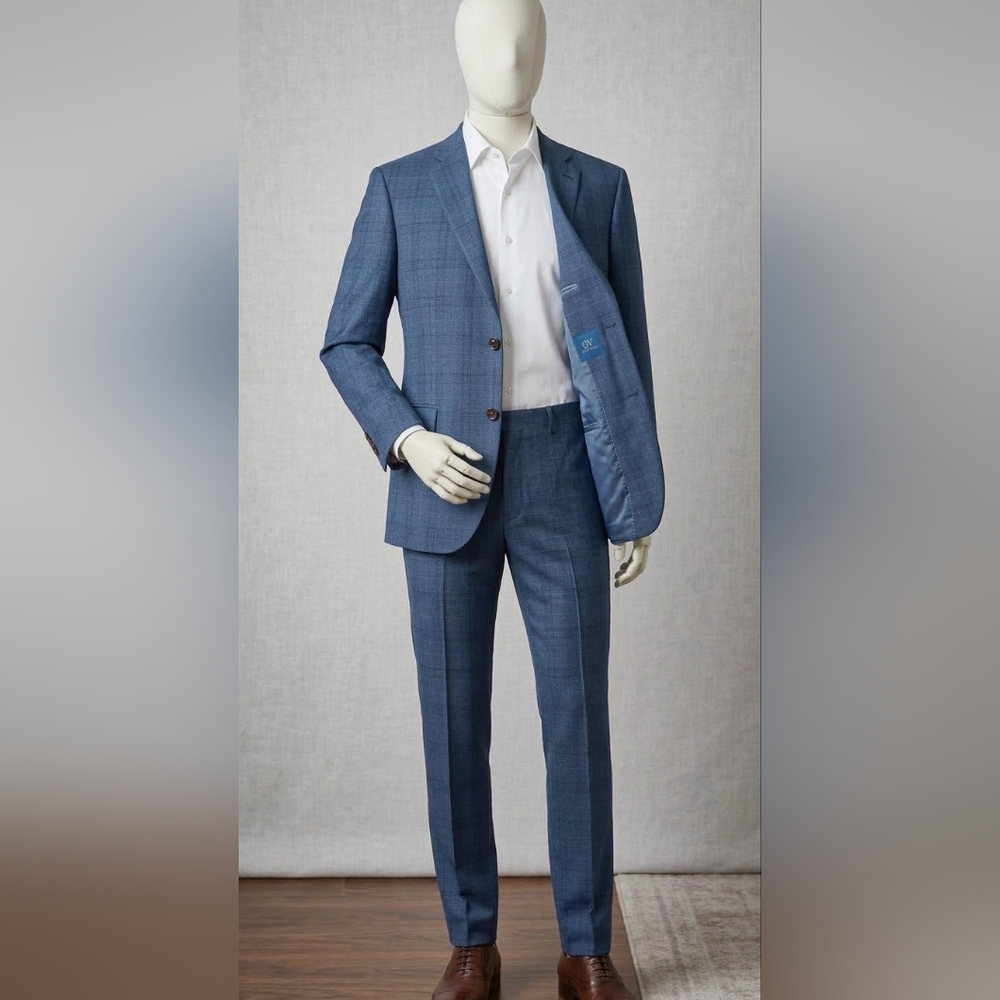 Men's Blue Windowpane Two-Piece Suit - Modern Tailored Fit